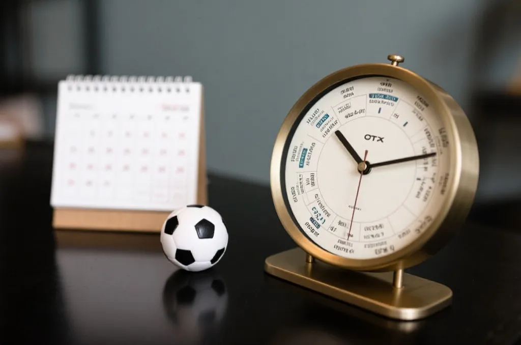 An elegant desk clock showing different time zones next to a small soccer ball and a clean calendar